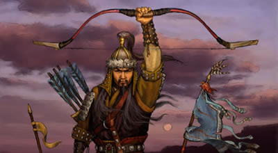 Genghis Khan holding up a bow in preparation of war