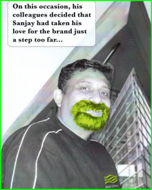 Front of a leaving card with a photo of Sanjay with a photoshoped green goatie