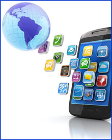 Mobile app icons coming from a globe of the world in the top left-hand corner into a mobile phone in the bottom right corner.